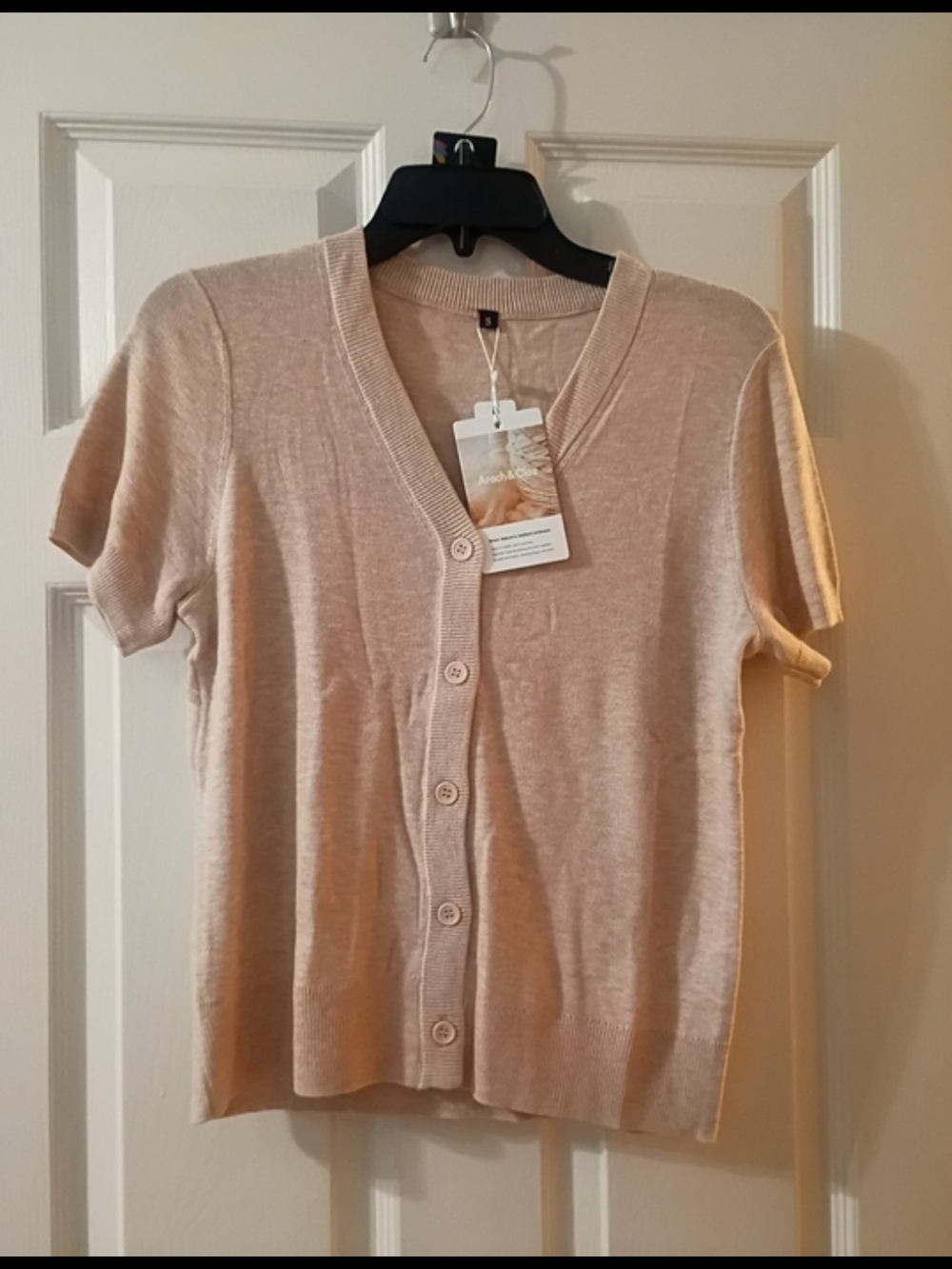 Short-Sleeve Button-Front Knit Top in Light Beige